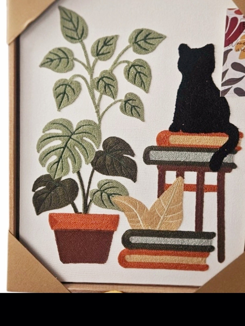 NEW! BP HOME Embroidered Woven Artistry Cat Plant Books Wall Art 18.5 × 14.5.